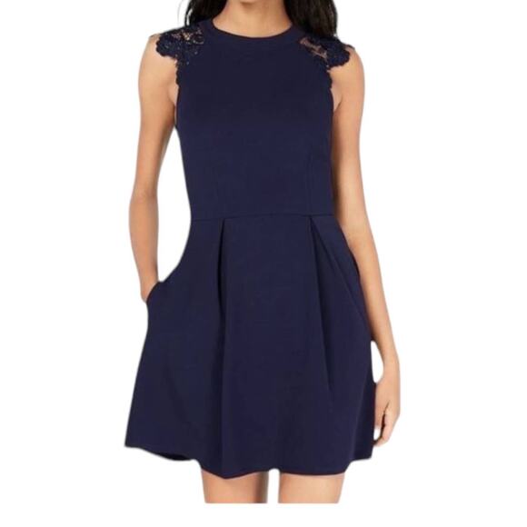 Speechless Navy Blue Lace Cap Shoulder Sleeves Skater Mini Dress Size XS - Picture 1 of 10